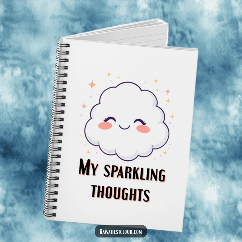 Funny notebook with a giggling cloud showering sparkling glitter, ideal for jotting down ideas with a touch of magic.