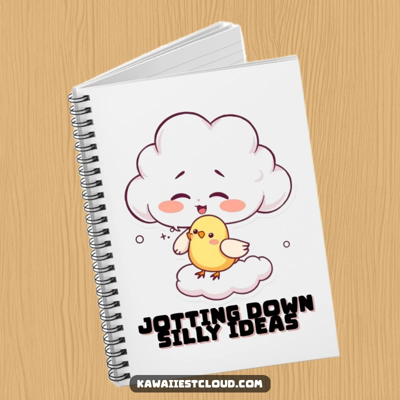 Funny giggling cloud notebook cover with a character tickling a bird with wisps, designed for jotting down joyful thoughts with humor.