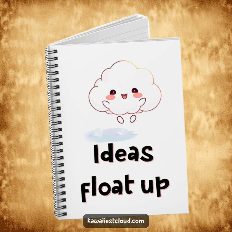 Funny notebook with a happy cloud character joyfully bouncing on a shimmering, ethereal surface, perfect for note-taking.