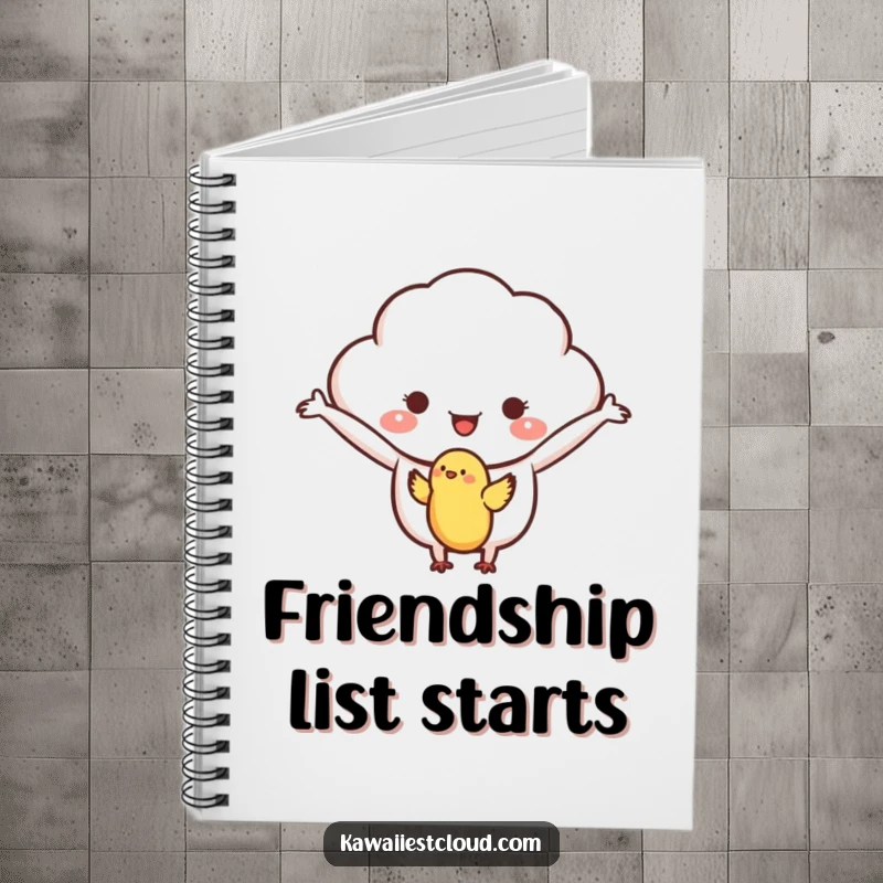 Funny notebook featuring a kind cloud character with outstretched arms, welcoming a small bird, perfect for journaling kindness.