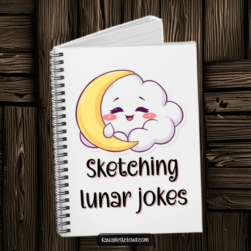 Funny Notebook: A mischievous cloud character with a grin, playfully tickling a sleepy moon.