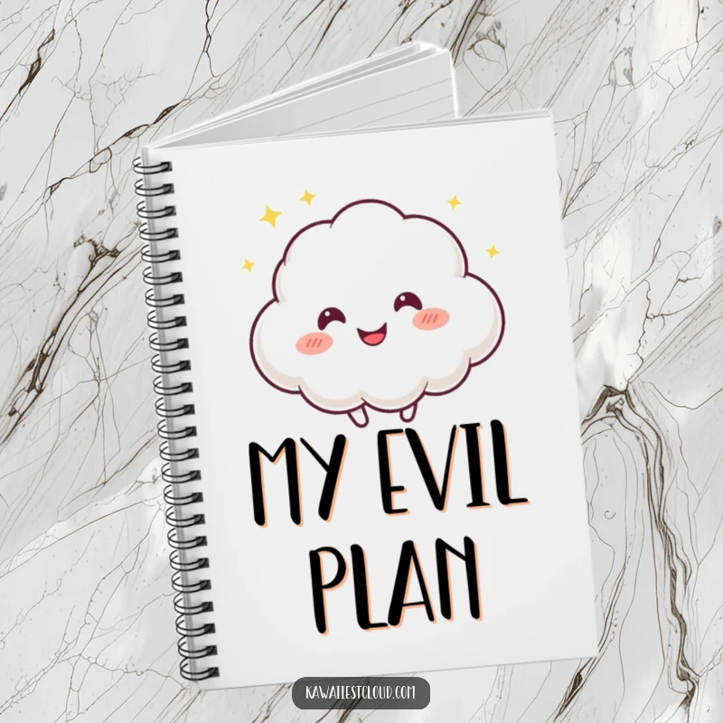 Funny notebook featuring a playful cloud character with a mischievous twinkle, bouncing happily, perfect for jotting down fun ideas.