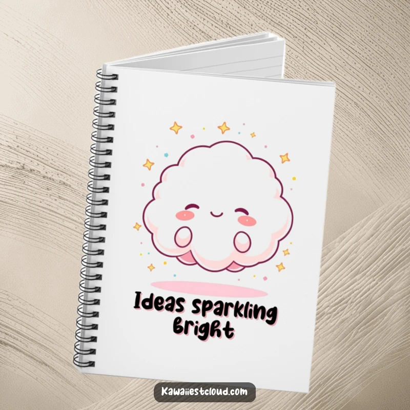 Funny Notebook with a fluffy cloud character joyfully raining tiny, colorful sparkles, ideal for notes, journaling, and creative thoughts.