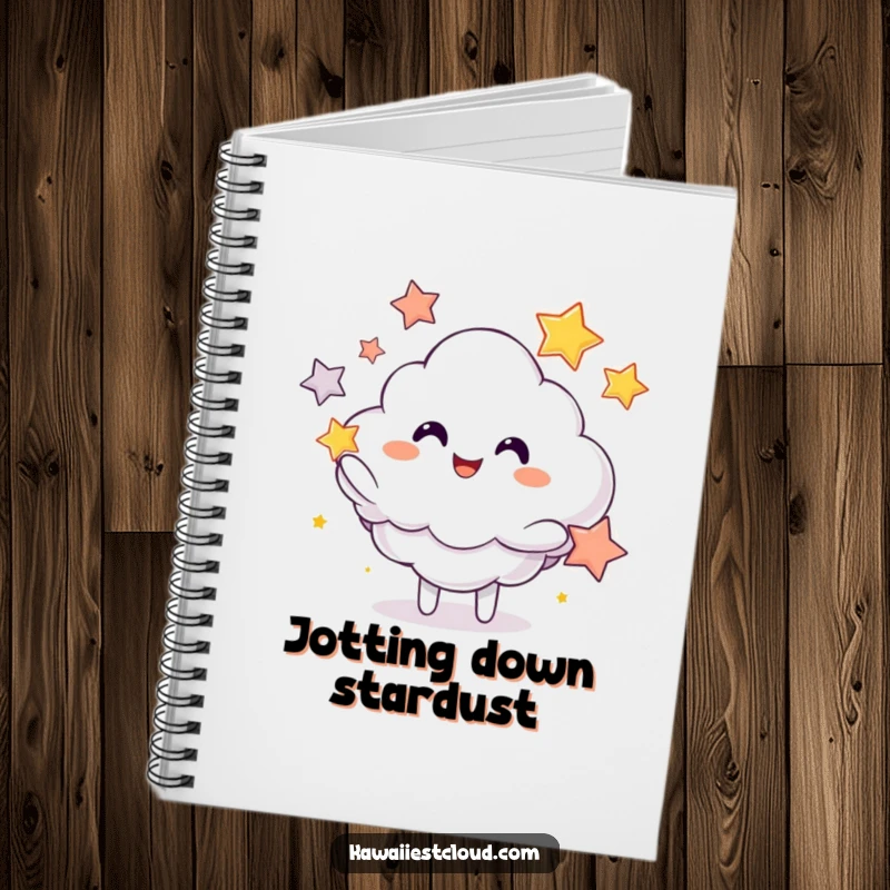 Funny notebook with a playful cloud juggling vibrant stars, ideal for capturing cosmic thoughts and daily musings.