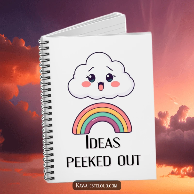 Funny notebook cover featuring a surprised cartoon cloud peeking over a small rainbow, designed to inspire joy and creativity.