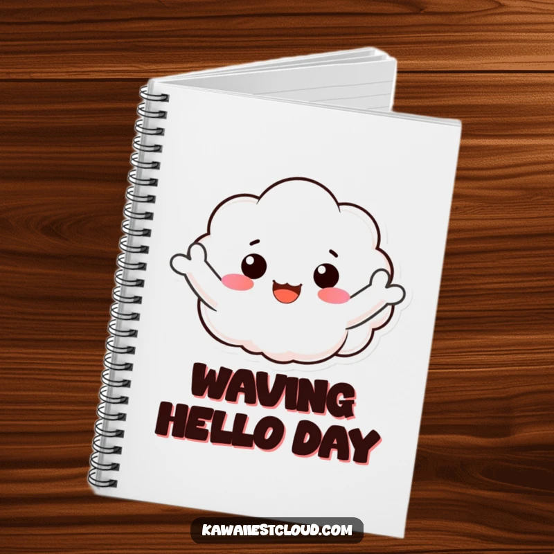 Funny notebook with a smiling cloud character enthusiastically waving its puffy arms, offering a friendly and warm greeting.