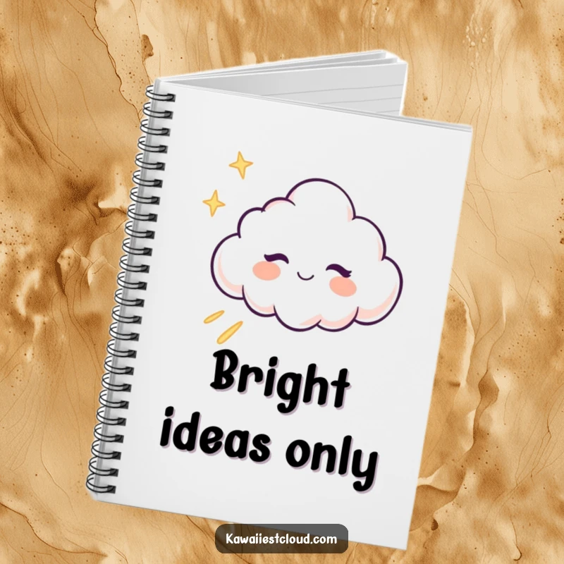 Funny winking cloud character leaving a trail of light on a notebook cover, for capturing magical ideas.