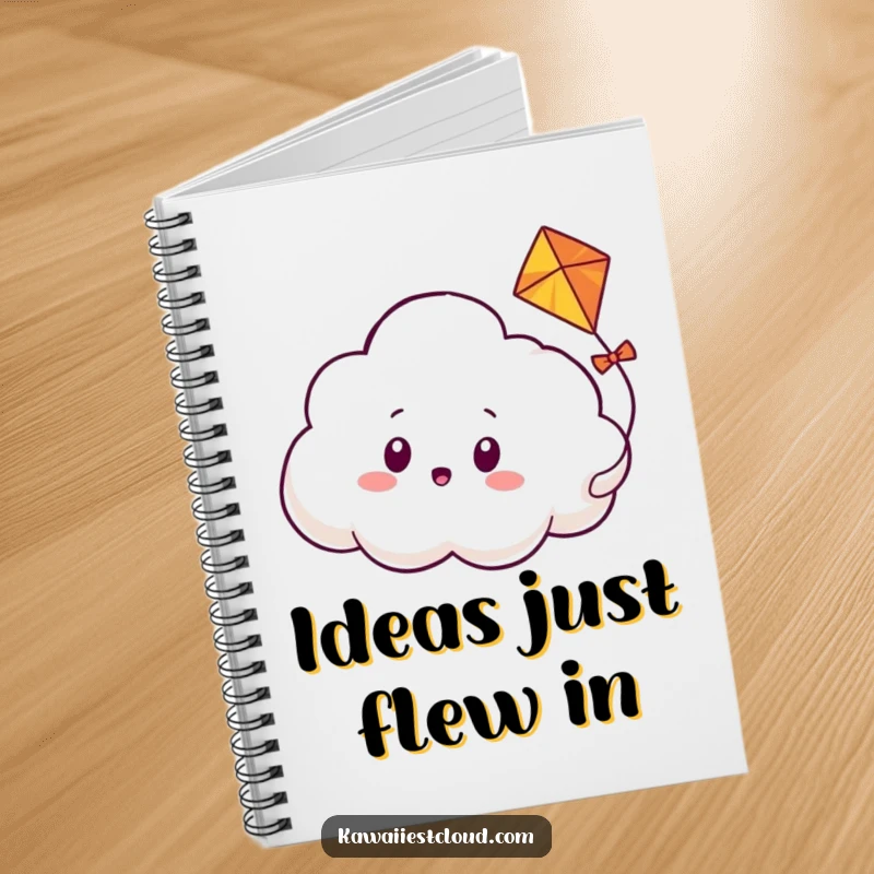 Funny notebook cover depicting a cloud character with a surprised expression, while a kite playfully weaves through it, inspiring creative jotting.