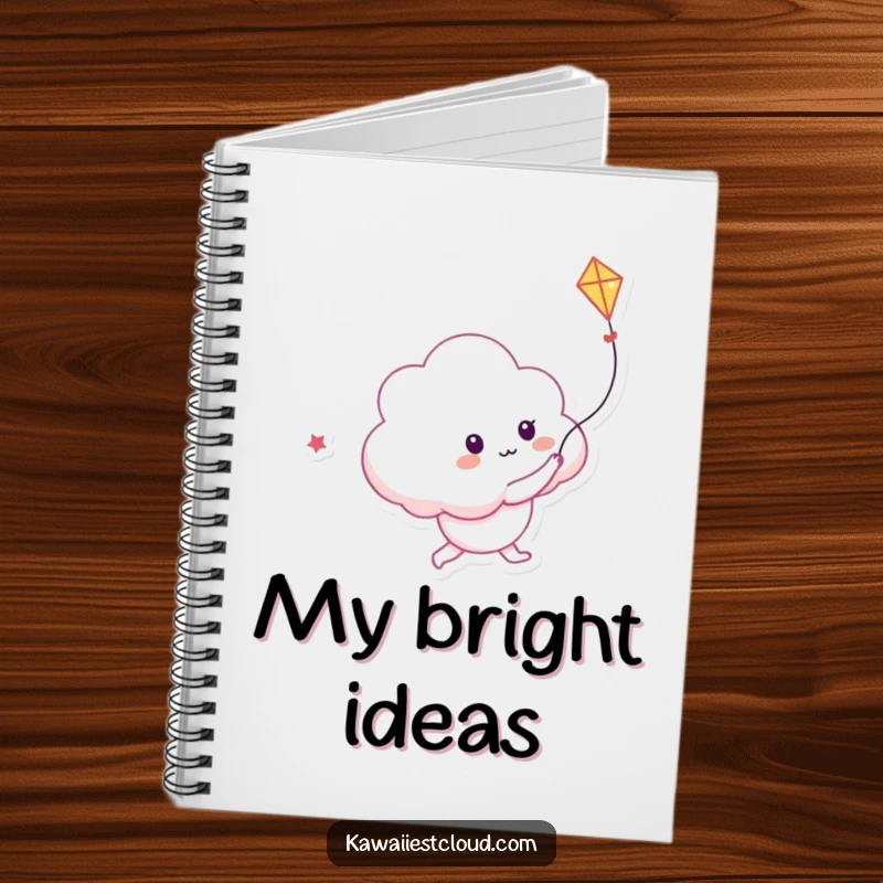 Funny notebook cover featuring a playful cloud character chasing a kite made of light, ideal for journaling dreams.