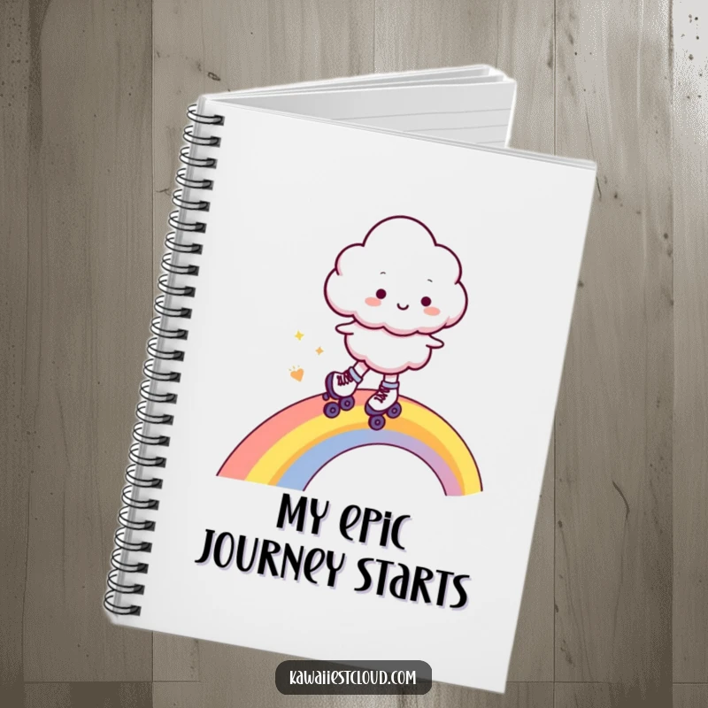 Funny notebook cover showing a cheerful cloud character wearing roller skates, gliding effortlessly on a colorful rainbow, inspiring joy in writing.