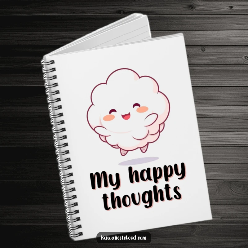 Funny notebook featuring a fluffy cloud character joyfully bouncing with rosy cheeks, ideal for journaling with a cheerful and cute theme.
