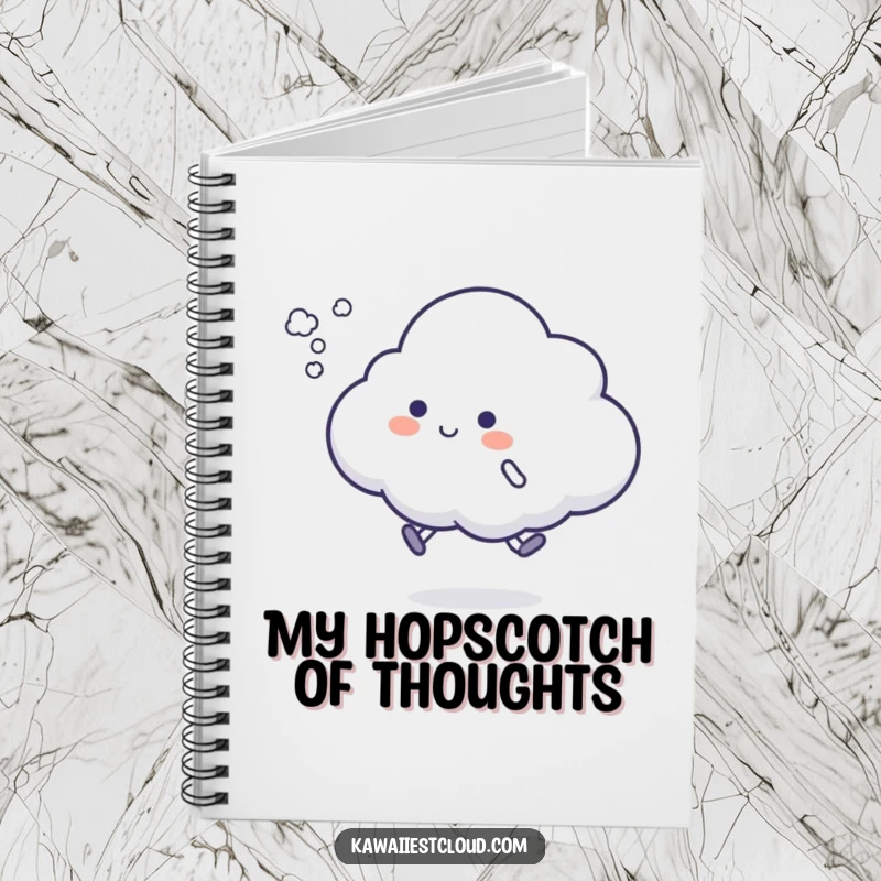 Funny cloud hop notebook cover with a character attempting a silly hop, leaving a vapor puff, designed for jotting down energetic ideas with humor.