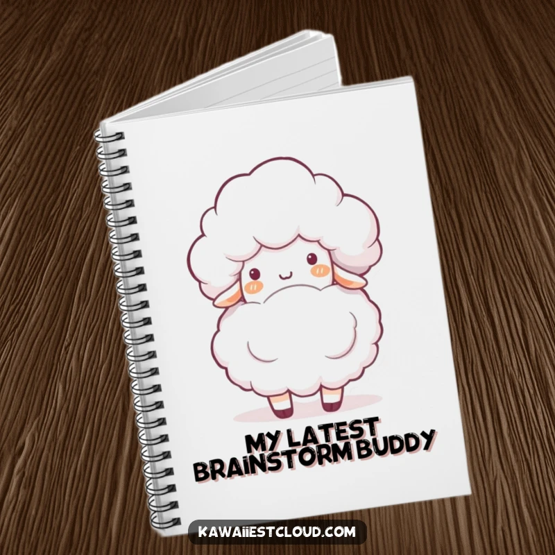 Funny notebook cover depicting a playful cloud character gently bumping into a fluffy white sheep, inspiring sweet and funny notes.