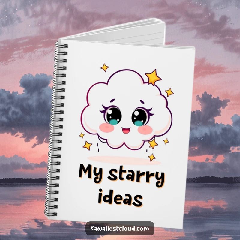 Funny Notebook cover with a cute cloud character with big eyes, giggling while raining tiny stars.