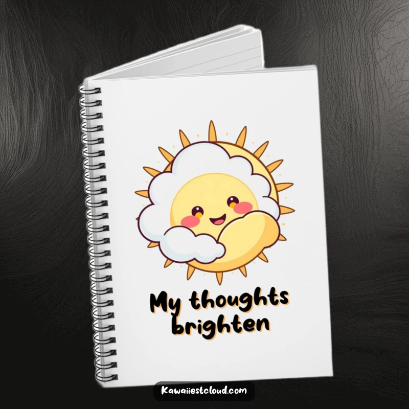 Funny Notebook: Cute cloud character with a happy, wide grin peeking from behind a large sun, ideal for bright notes.