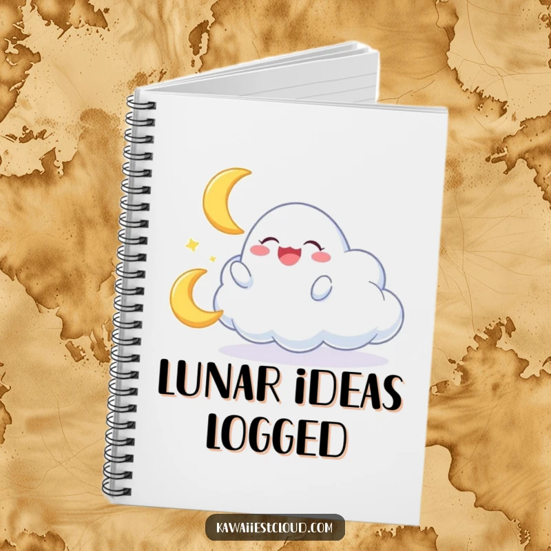 Funny notebook with a cloud character gleefully playing with a miniature, giggling crescent moon, perfect for journaling.