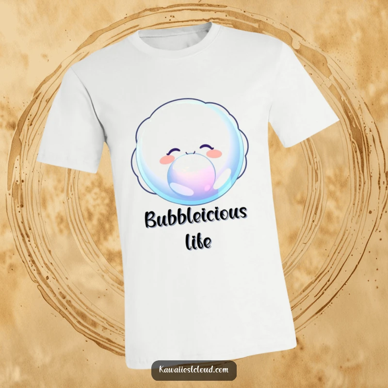 Funny t-shirt featuring a delighted cloud character joyfully blowing a huge, iridescent bubble, exuding pure happiness.