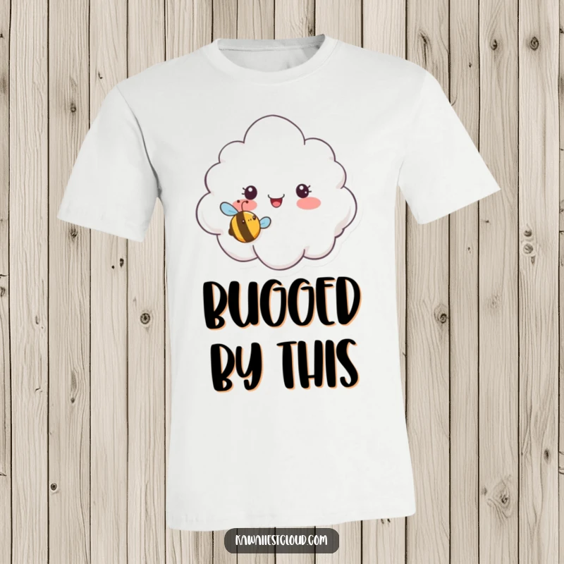 Funny t-shirt featuring a surprised cloud character reacting to a tiny, smiling bee buzzing playfully around it.