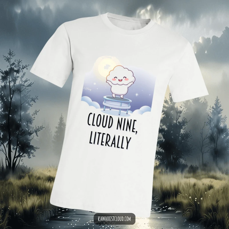 Funny T-Shirt: A cheerful cloud character joyfully bouncing on a magical trampoline crafted from shimmering moonlight.