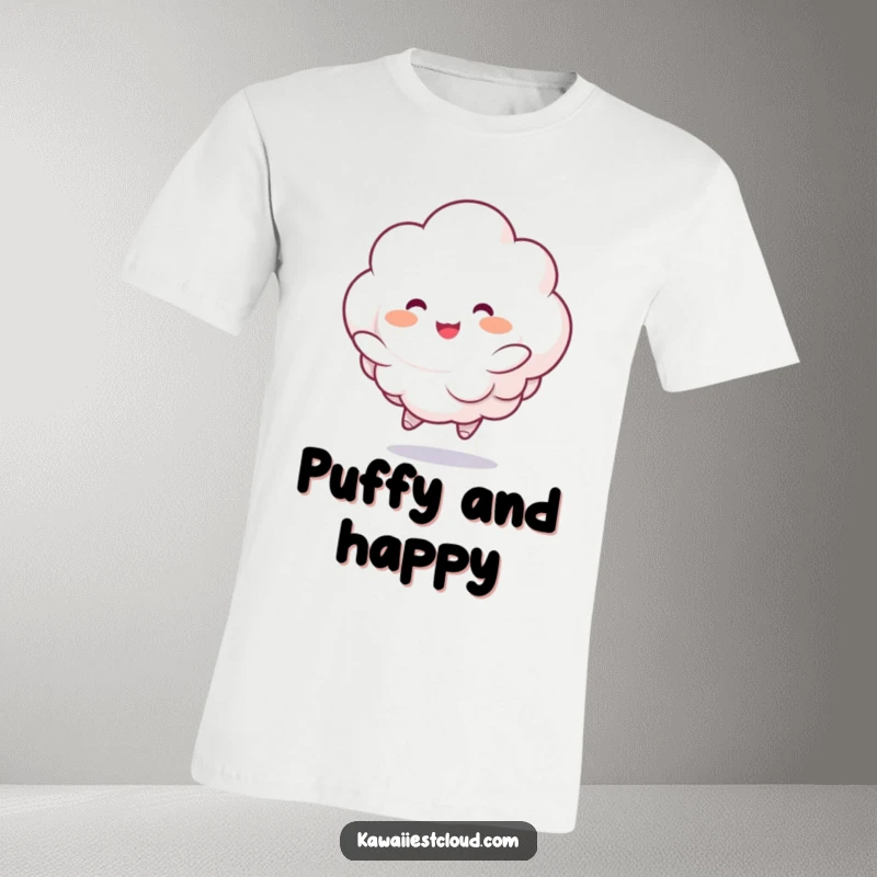Funny t-shirt showcasing a fluffy cloud character joyfully bouncing with rosy cheeks, embodying playful happiness and charm.