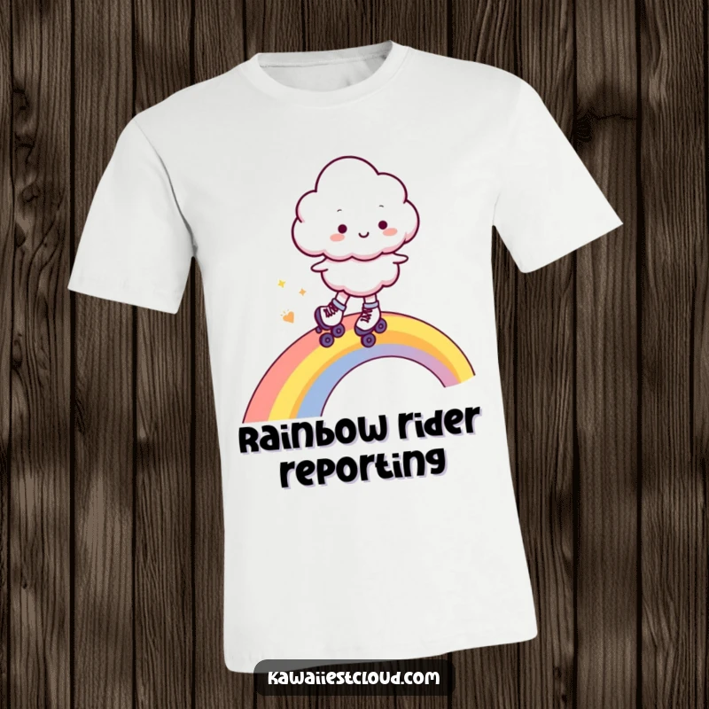 Funny t-shirt showcasing a beaming cloud character on miniature roller skates, joyfully gliding down a colorful rainbow, capturing a moment of pure fun.