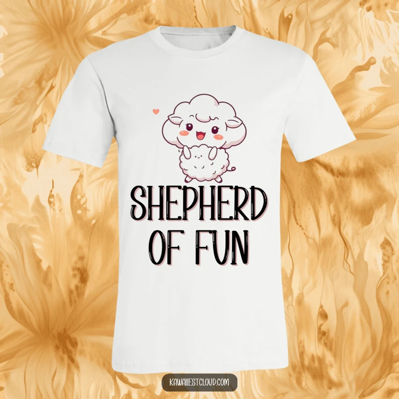 Funny t-shirt featuring a cute cloud character gleefully bouncing a fluffy sheep, perfect for animal lovers.