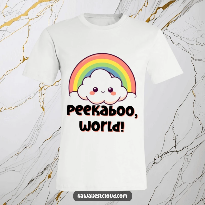 Funny curious cloud t-shirt design of a character peeking from behind a vibrant rainbow, showcasing an adventurous and inquisitive nature.
