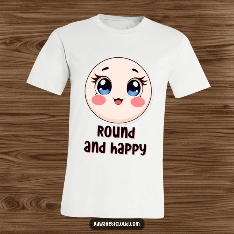 Funny t-shirt with a round, soft object that has big, captivating eyes and blushing rosy cheeks, embodying adorable cuteness.