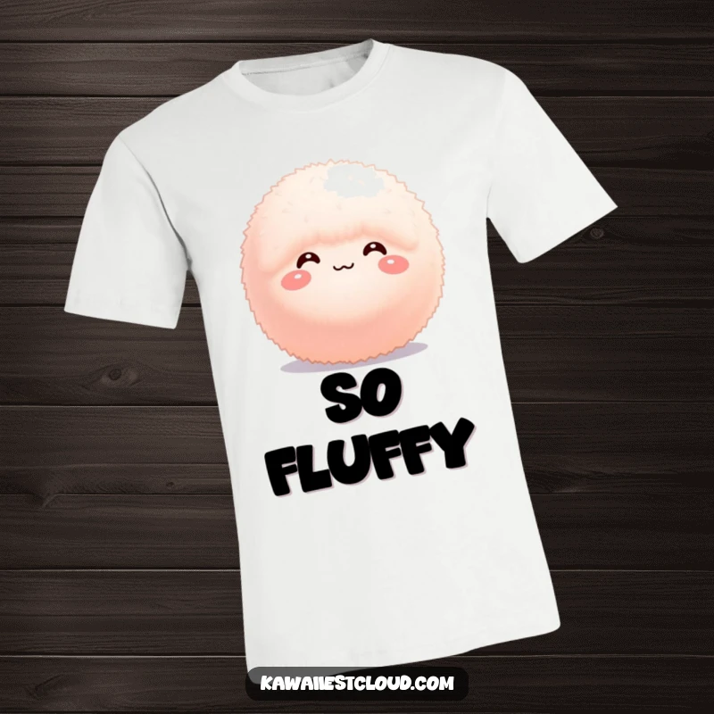 Funny T-Shirt: A tiny, fluffy, spherical character with a sweet, bashful smile and a shy demeanor, looking incredibly cute.