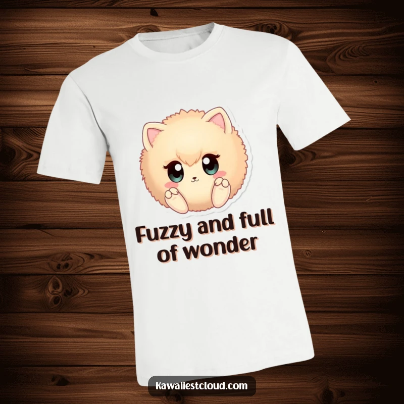 Funny fuzzy sphere t-shirt with large curious eyes and tiny paws, exuding cuteness and playful curiosity.