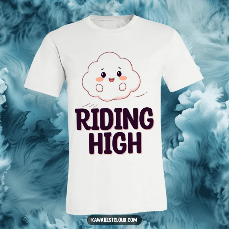 Funny t-shirt depicting a joyful cartoon cloud skillfully surfing on a gentle breeze, radiating freedom and happiness.