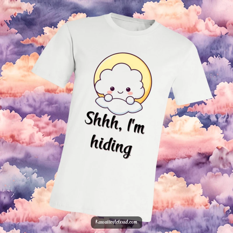 Funny t-shirt showcasing a happy cloud character peeking from behind a bright star, radiating pure, lighthearted fun.