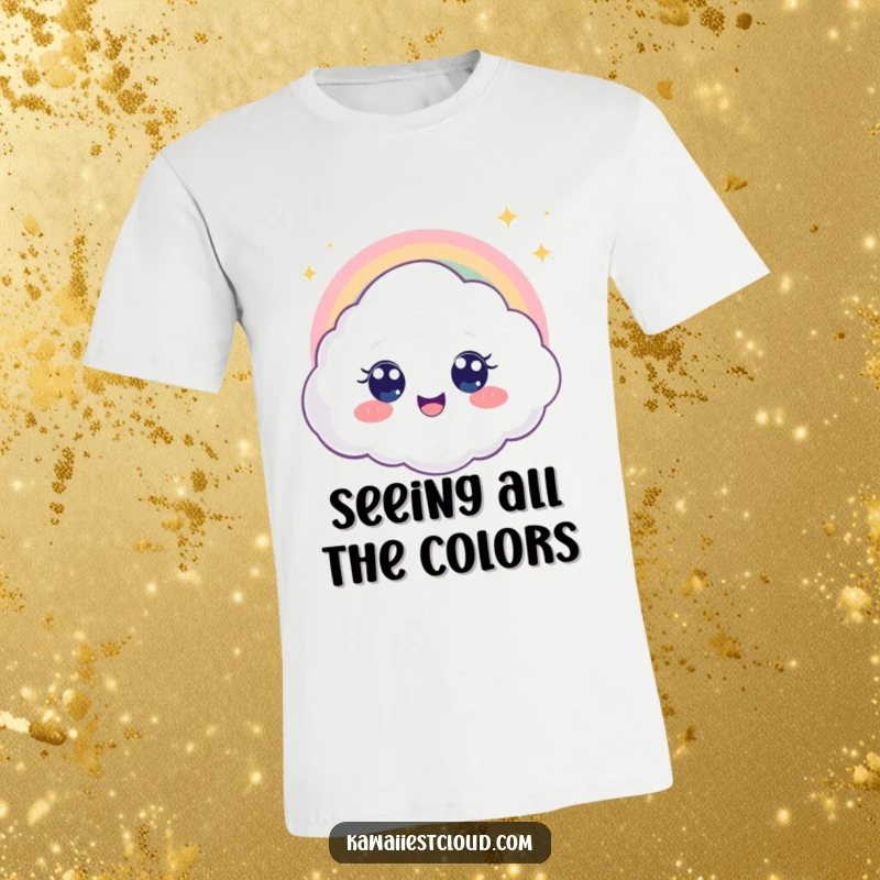 Funny t-shirt with a delighted cloud character, big eyes wide with amazement at a shimmering rainbow, symbolizing joy and optimism.