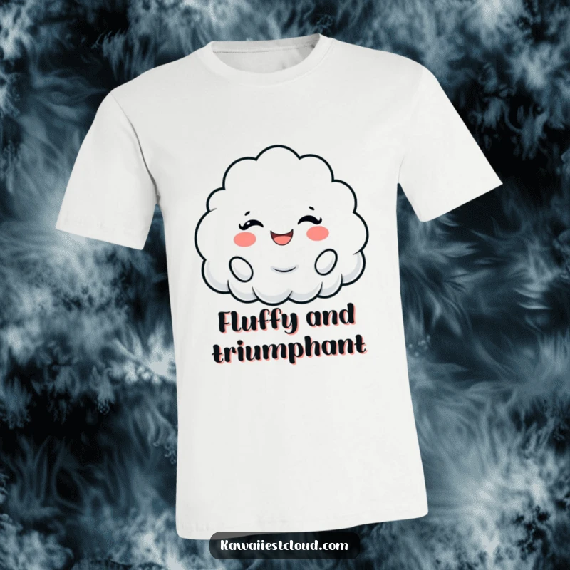 Funny t-shirt depicting a cloud character enthusiastically cheering with a wide, fluffy smile, embodying pure happiness.
