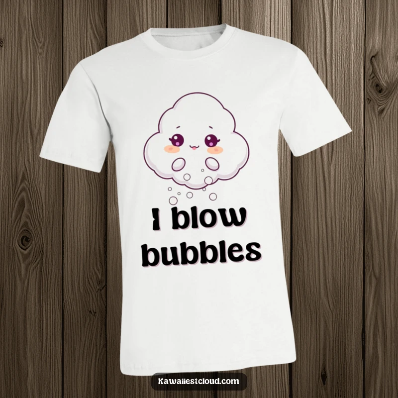 Funny t-shirt showcasing a beaming cloud character happily exhaling tiny, iridescent bubbles, radiating pure joy and lightheartedness.