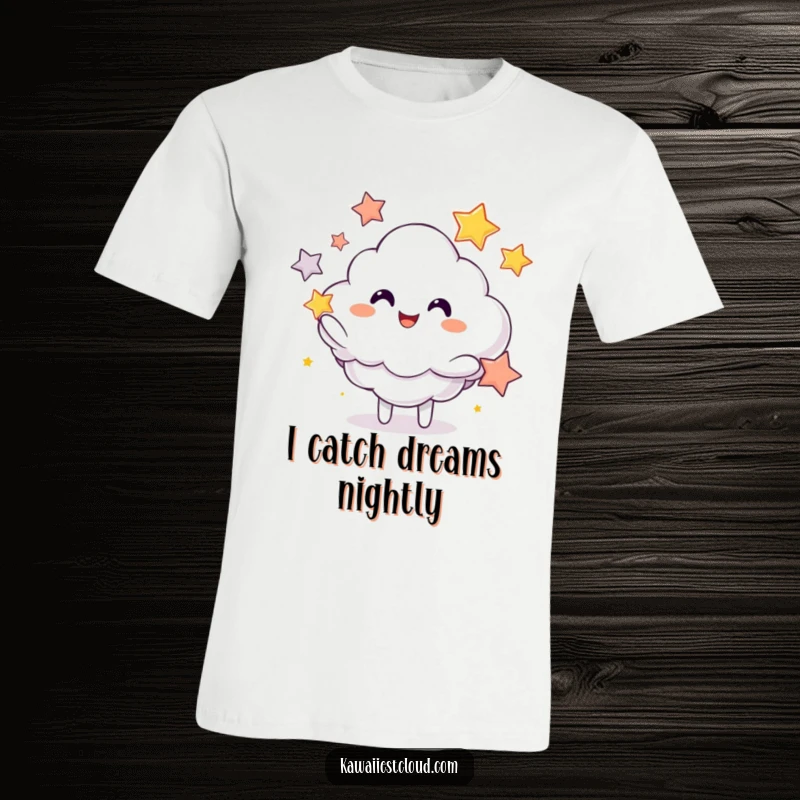 Funny t-shirt depicting a cheerful cloud character gleefully juggling shining stars, radiating pure joy and playfulness.