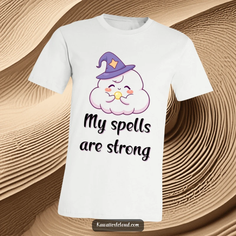 Funny T-Shirt: A cloud character adorned with a small wizard hat, conjuring a bright, ethereal glowing orb.