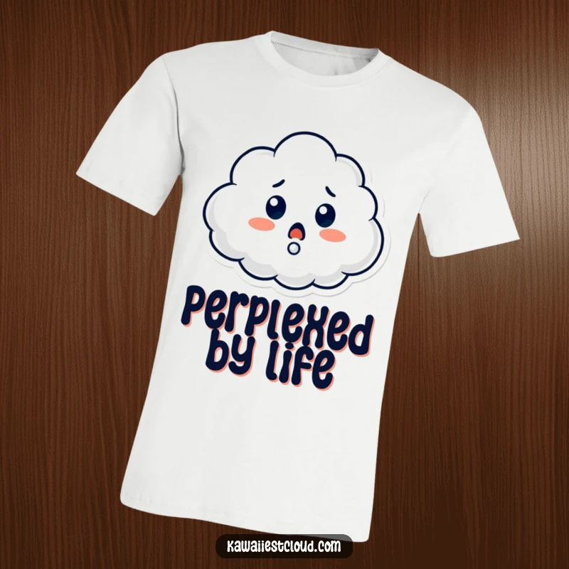 Funny t-shirt showing a cloud character with a prominent question mark, embodying a state of humorous surprise and deep thought.