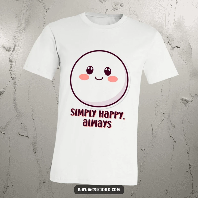 Funny rounded character t-shirt with two dot eyes and a curved smile, embodying simple happiness and cheerful friendliness.
