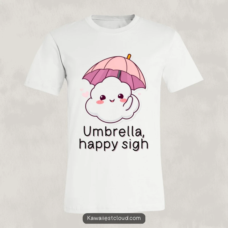 Funny t-shirt showing a cloud character sighing happily and holding an umbrella, exuding relaxation and gentle humor.