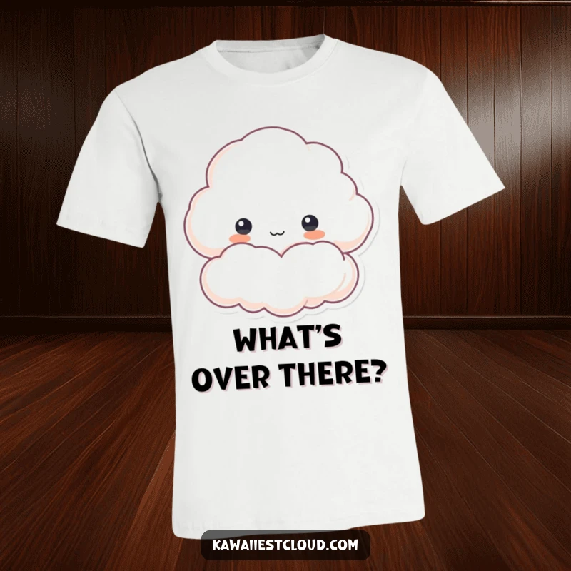 Funny t-shirt depicting a cloud character peeking curiously from behind a soft edge, inviting a sense of wonder and playful discovery.