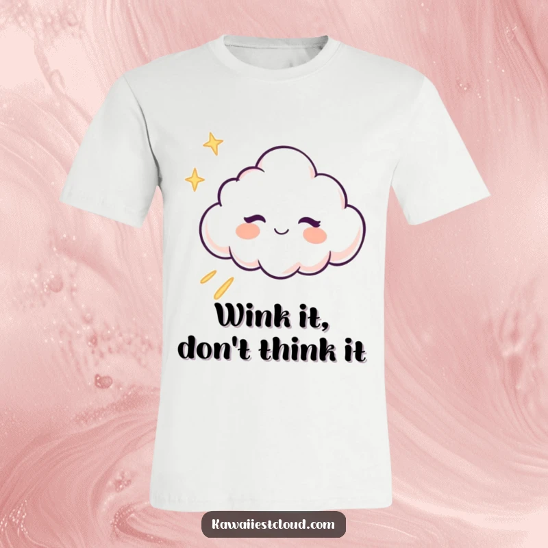 Funny winking cloud character leaving a trail of pure light on a t-shirt, embodying magic.