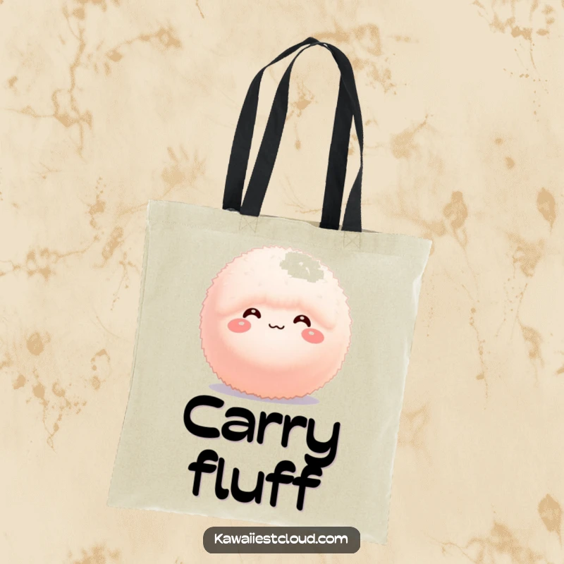 Funny Tote Bag: A tiny, fluffy sphere with a bashful expression and a sweet demeanor, perfect for carrying your essentials.
