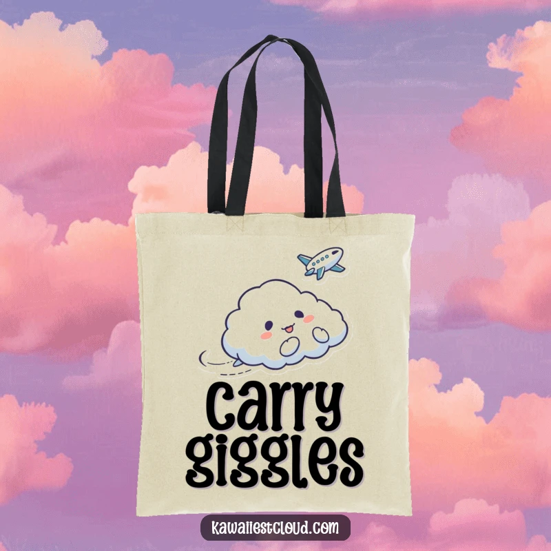 Funny tote bag featuring a mischievous cloud character tickling a bird, great for carrying daily items with a smile.