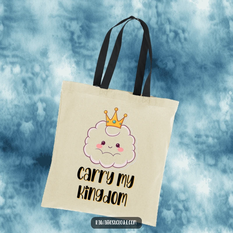 Funny tote bag with a depiction of a smiling, crowned cartoon cloud, signifying cheerful royalty and style.