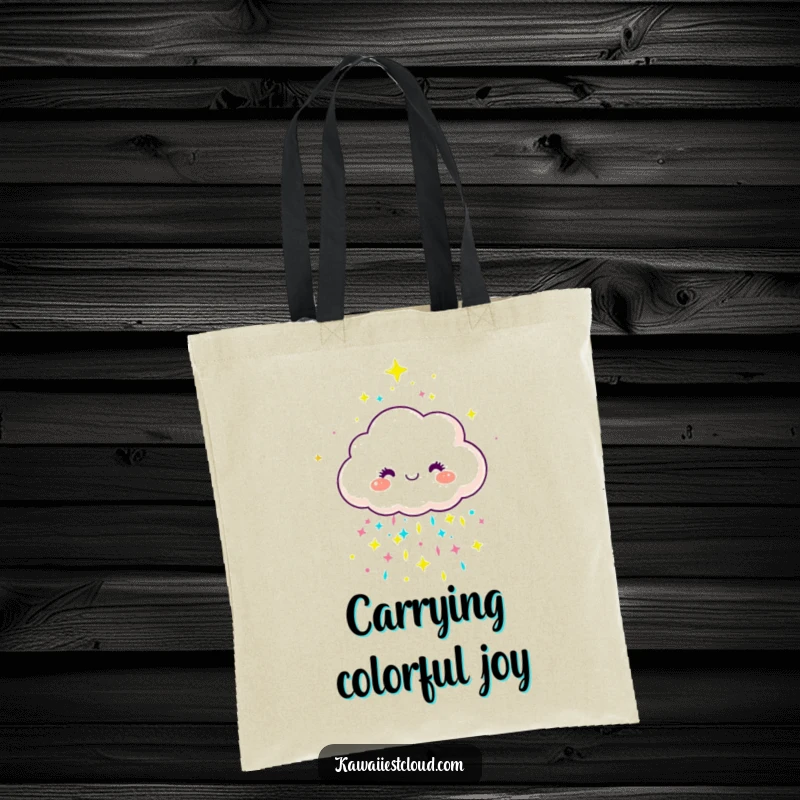 Funny joyful cloud character showering colorful rain on a durable tote bag, for cheerful shoppers.