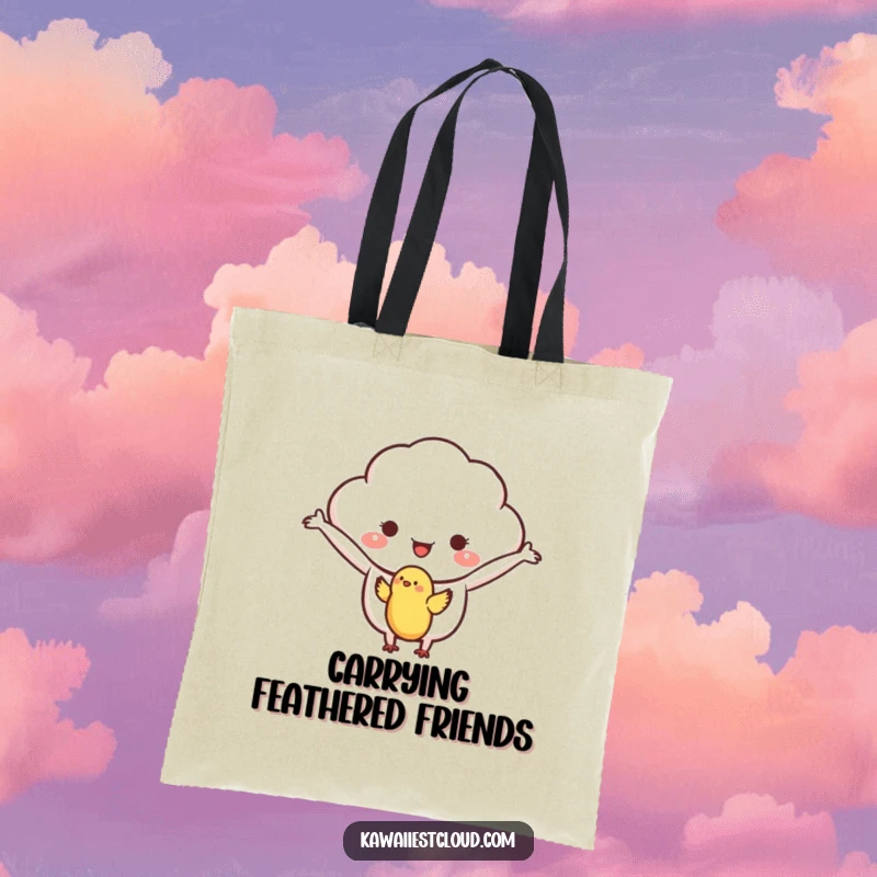 Funny tote bag showing a kind cloud character with outstretched arms, gently welcoming a small bird, symbolizing friendship.