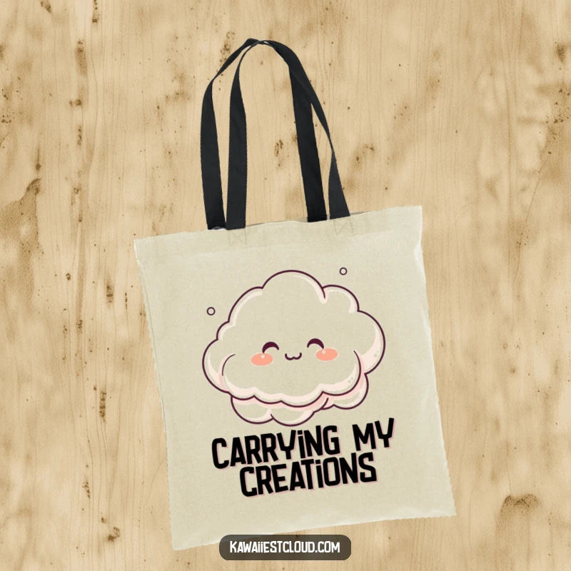 Funny Tote Bag with a giggling cloud character creating intricate, whimsical shapes with its mist, perfect for carrying supplies.
