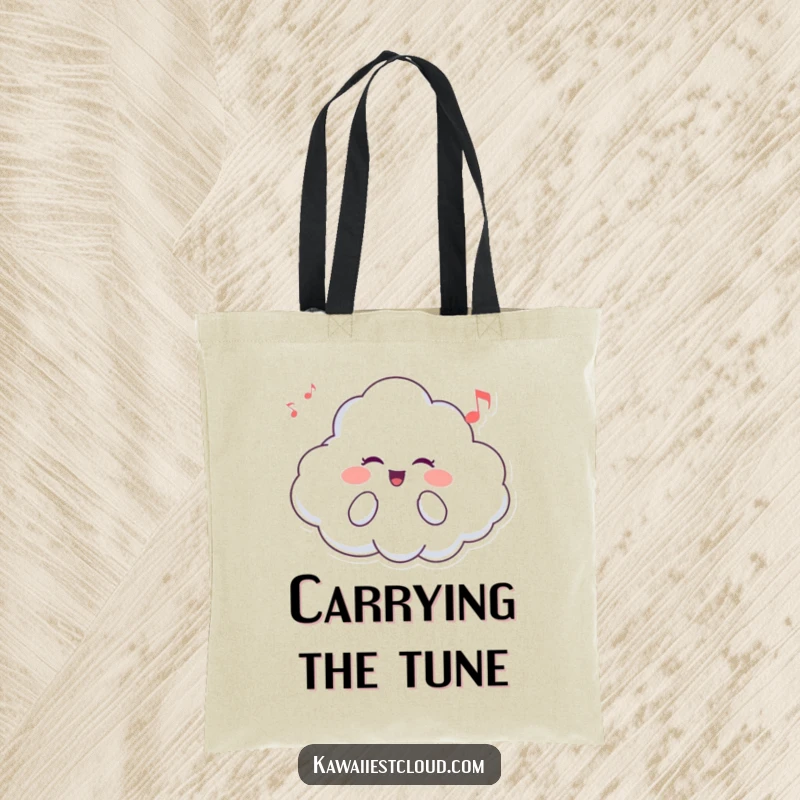 Funny tote bag showcasing a smiling cloud character joyfully singing, ideal for carrying daily essentials with a touch of humor.