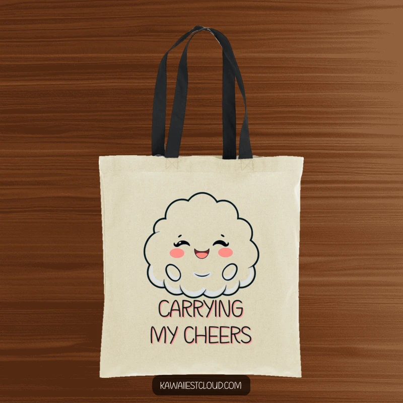 Funny tote bag showcasing a cloud character cheering with a wide, fluffy smile, perfect for carrying happy thoughts.